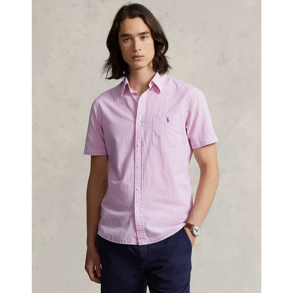 Ralph Lauren Men's Pink Gingham Seersucker Short Sleeve Button Down Shirt XL